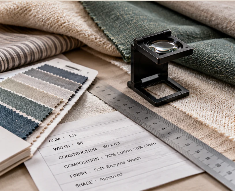 Fabric being measured and checked during textile quality control